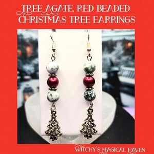 Tree Agate Beaded Christmas Tree Charm Gemstone Festive Earrings